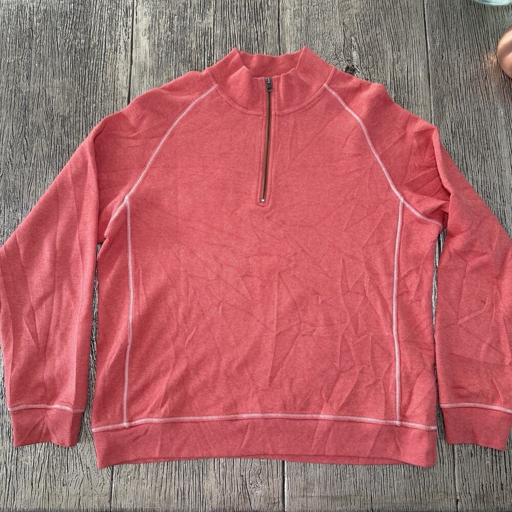 LL Bean Sweater Mens Sz L Coral Red 1/4 Zip Traditional Fit Long Sleeve Causal